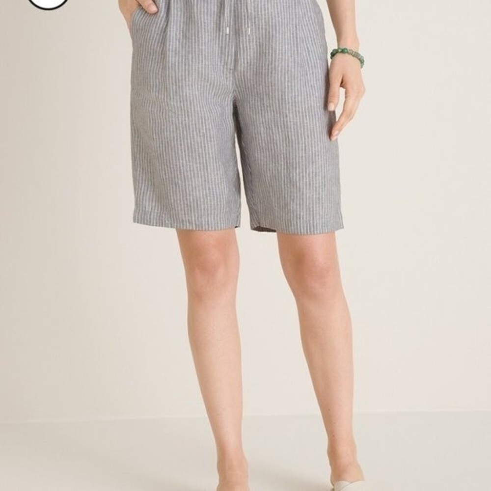 Chico's Bermuda Shorts Women Size 2/12 Gray Striped Linen Drawstring EUC
